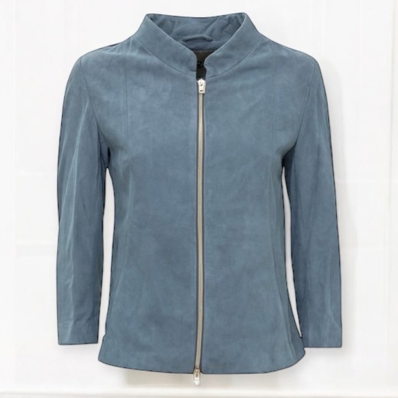 Herno Suede Leather Jacket NWT Full Zip Slate Blue Womens Size 44 US Medium - Picture 2 of 8